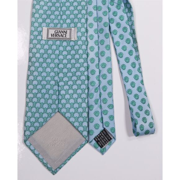 Gianni Versace Vintage 90s Green Sky Blue Geometric Print Silk Necktie Tie - Picture 4 of 7